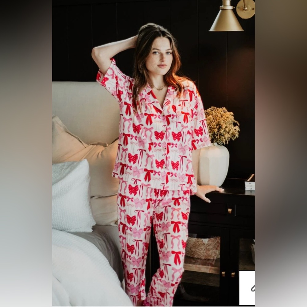 Katydid Pink & Red Coquette Bows Print Pajama Pants Set M